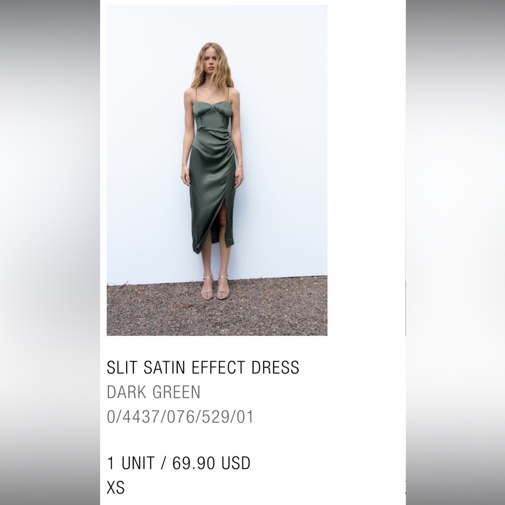 BRAND NEW W/ TAGS ZARA SLIT SATIN EFFECT DRESS IN
DARK GREEN SIZE XS